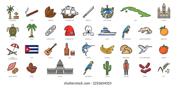 Iconos de Cuba, monumentos de viaje de La Habana y atracciones turísticas, símbolos de la línea de color vectorial. Bandera y mapa de Cuba, edificio del Capitolio y barco de Colón, turismo turístico de La Habana, cultura y tradición