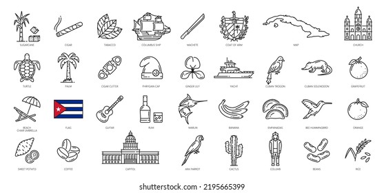 Cuba outline icons, travel landmarks and attractions vector symbols. Cuba flag and map with coat of arms, Capitol and food, animals, Havana sightseeing, culture and traditions line icons