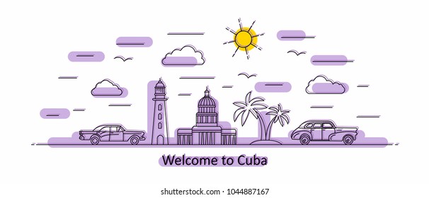 Cuba panorama. Cuba vector illustration in outline style with buildings and city architecture. Welcome to Cuba and Havana.