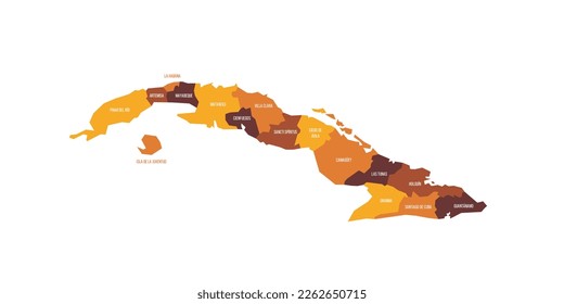 Cuba political map of administrative divisions - provinces. Flat vector map with name labels. Brown - orange color scheme.