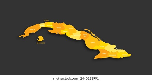 Cuba political map of administrative divisions - provinces. Yellow shade flat vector map with name labels and dropped shadow isolated on dark grey background.