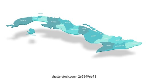 Mapa político de Cuba das divisões administrativas - províncias. Mapa de vetor turquesa 3D com rótulos de nome.
