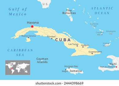 Cuba Political Map with capital Havana, most important cities with national borders