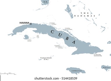 Cuba political map with capital Havana. Republic in the northern Caribbean with the neighbor countries Jamaica, Haiti, the Cayman Islands and The Bahamas. English labeling and scaling. Illustration.