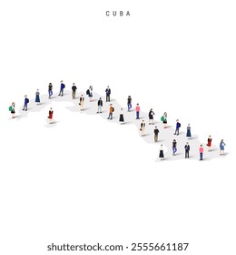 Cuba population map. Large group of realistic a diverse crowd of people figures in a shape of Cuban map. Flat vector illustration isolated on white.