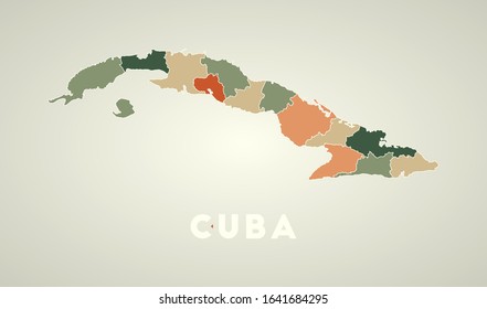 Cuba poster in retro style. Map of the country with regions in autumn color palette. Shape of Cuba with country name. Vibrant vector illustration.