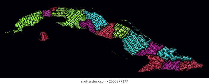 Cuba Regions Word Clouds. Bright neon style design on a dark background. Region names of the country in the Spanish language. Country shape with administrative division. Classy vector illustration.