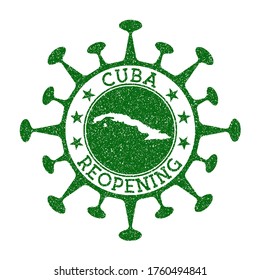 Cuba Reopening Stamp. Green round badge of country with map of Cuba. Country opening after lockdown. Vector illustration.