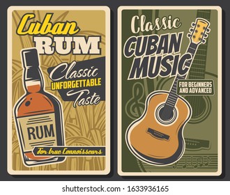 Cuba retro vintage posters, Latin America travel and Caribbean country culture. Vector Cuban rum bottle, Havana traditional bar or pub sign, classic guitar music bar or school courses