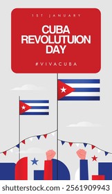 Cuba Revolution Day 1st January Cover Banner and Post Template with Cuban Flags and People in Traditional Dress. The Day Commemorates the Historic Cuban Revolution