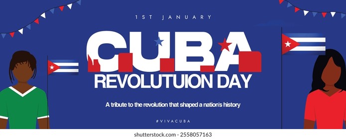 Cuba Revolution Day 26th July Cover Banner and Post Template with Cuban Flags and People in Traditional Dress. The Day Commemorates the Historic Cuban Revolution.