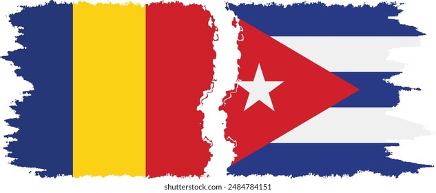 Cuba and Romania grunge flags connection, vector
