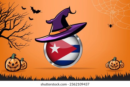 Cuba round flag with Happy Halloween banner or party invitation background. bats, spiders and pumpkins, orange background