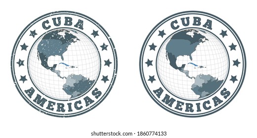 Cuba round logos. Circular badges of country with map of Cuba in world context. Plain and textured country stamps. Vector illustration.