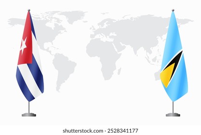 Cuba and Saint Lucia flags for official meeting against background of world map.