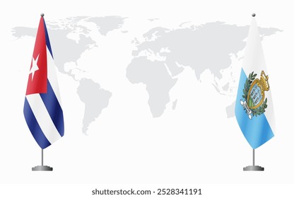 Banderas de Cuba y San Marino para reunión oficial con antecedentes del mapa mundial.