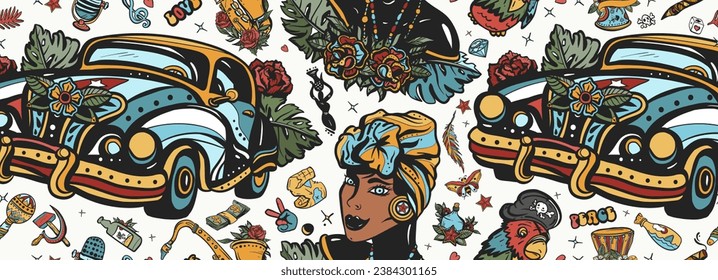 Cuba. Seamless pattern. Beautiful cuban woman, cigar, rum. Havana retro cars. History and culture, island of freedom. Traditional tattooing background