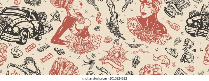 Cuba seamless pattern. Havana retro cars. Beautiful cuban woman, cigar, rum. History and culture. Island of freedom concept. Traditional tattooing background 