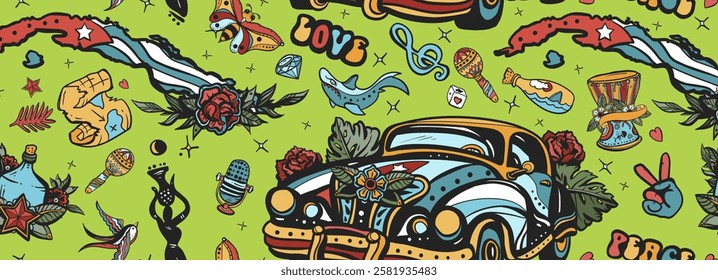 Cuba. Seamless pattern. Havana retro cars. History and culture, island of freedom. Traditional tattooing background