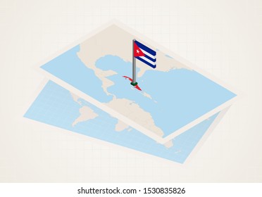 Cuba selected on map with isometric flag of Cuba. Vector paper map.