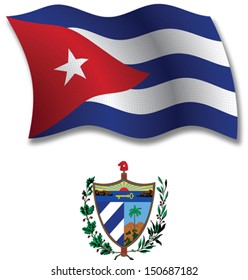 cuba shadowed textured wavy flag and coat of arms against white background, vector art illustration, image contains transparency transparency