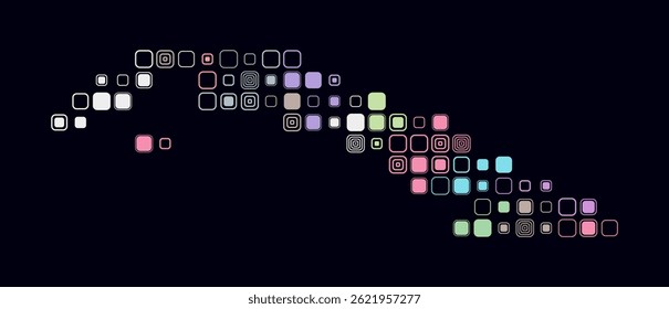 Cuba, shape of the country built of colored cells. Digital style map of Cuba on a dark background. Large size rounded square blocks. Amazing vector illustration.