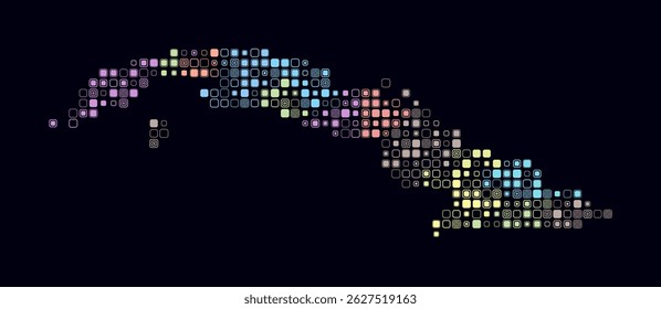 Cuba, a forma do país, a construção de células coloridas. Mapa de estilo digital da Cuba sobre fundo escuro. Blocos quadrados arredondados de tamanho pequeno. Ilustração de vetor surpreendente.