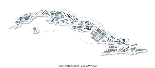 Cuba shape text cloud. Country border with shadow on white background. Cuba with regions division in vintage gazette style. Beautiful vector illustration.