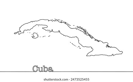 Cuba silhouette drawn with a continuous line. State borders of an island state in Latin America. Vector illustration.