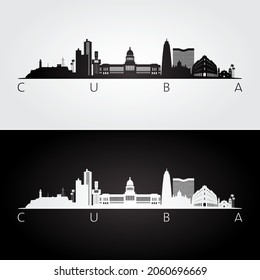 Cuba skyline and landmarks silhouette, black and white design, vector illustration.