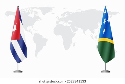 Cuba and Solomon Islands flags for official meeting against background of world map.