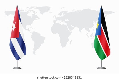 Cuba and South Sudan flags for official meeting against background of world map.