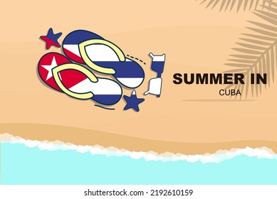Cuba summer holiday vector banner, beach vacation concept, flip flops sunglasses starfish on sand, copy space area, Cuba summer travel and tourism idea with flag