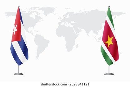 Banderas de Cuba y Surinam para reunión oficial con antecedentes del mapa mundial.