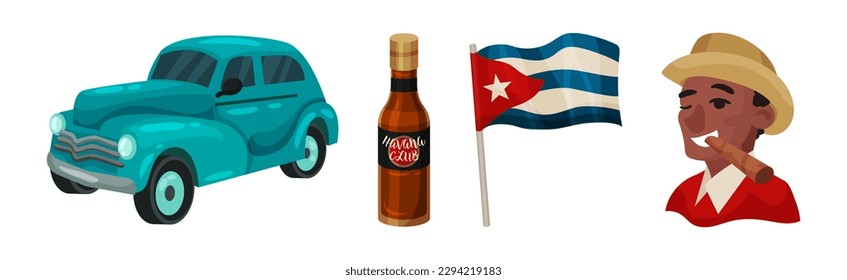 Cuba Symbols with Car, Alcohol Bottle, Flag and Smiling Man Vector Set
