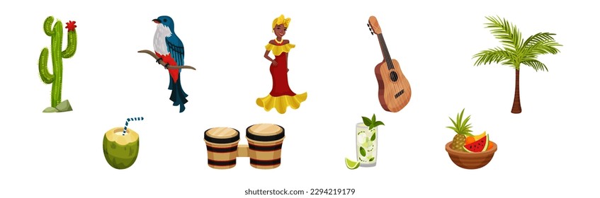 Cuba Symbols with Guitar, Palm Tree, Woman in National Dress, Cactus and Trogon Bird Vector Set