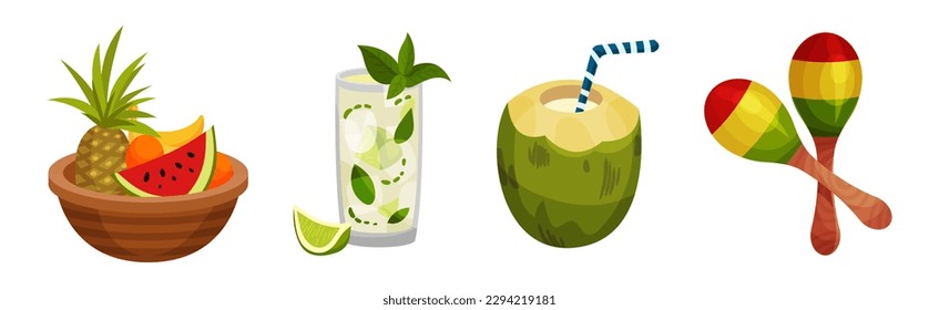 Cuba Symbols with Juicy Fruits, Cocktail and Maraca Vector Set