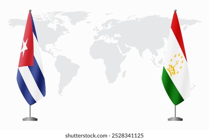 Cuba e Tajiquistão bandeiras para reunião oficial contra fundo do mapa do mundo.