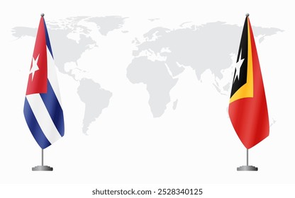 Cuba e Timor-Leste bandeiras para reunião oficial contra fundo do mapa do mundo.