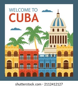 Cuba tourist card or banner design for travel industry, cartoon flat vector illustration. Welcome to Cuba poster concept with colonial architecture elements.