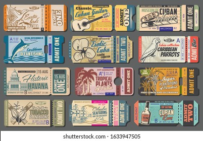 Cuba tours tickets, tourist trips to landmarks and sightseeing attractions. Vector vintage retro tickets to Havana tobacco and sugar cane plantations, sea fishing trips and Cuban adventure journey