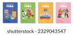 Cuba traditions and culture colorful vertical posters set with cuban cuisine people architecture flat isolated vector illustration