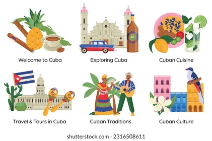 Cuba travel compositions set with cuisine culture and tradition elements isolated flat vector illustration