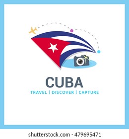 Cuba Travel, Discover, Capture logo - Vector travel Photographer logo design - Country Flag Travel, Discover and Photographer Conceptual logotype - vector illustration
