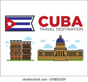 Cuba travel famous landmarks and sightseeing vector Havana icons