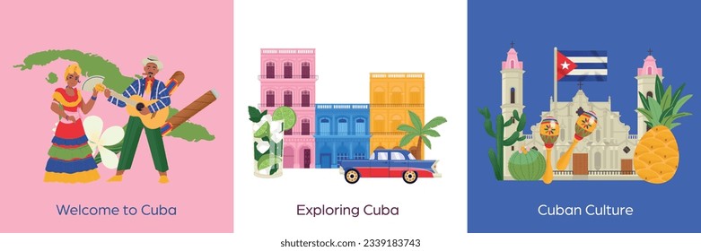 Cuba travel flat design concept with dancing cuban people and culture elements isolated vector illustration