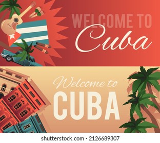 Cuba travel flyers or horizontal banners for web and print, flat vector illustration. Cuba country tourism and travel invitation and promotion flyer or leaflet set.