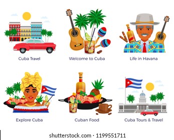 Cuba travel icons set with food and music symbols flat isolated vector illustration