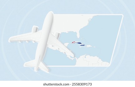 Cuba Travel Illustration with Plane and National Flag. Ideal for travel agencies, promotional materials, or geographic content related to Cuba.