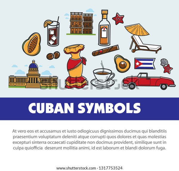 Cuba travel poster with\
information on Cuban culture famous symbols and Havana landmarks.\
Vector Cuba flag, cigar or rum and coffee, avocado or cocktail and\
retro car